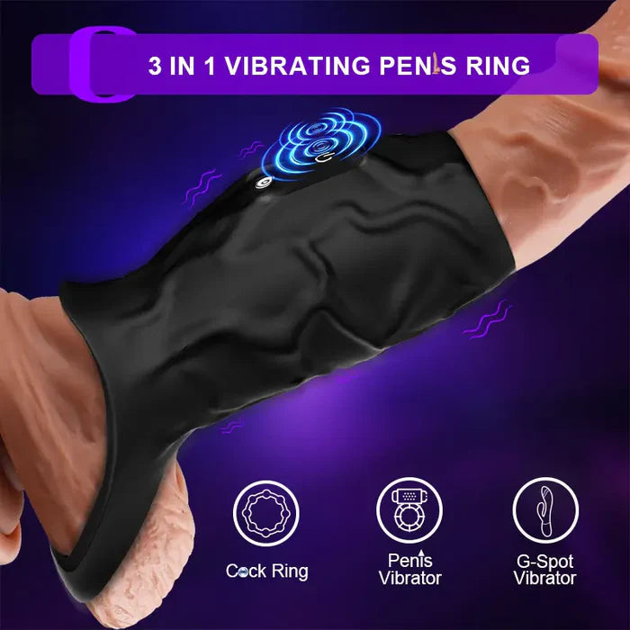 PR11: Cockring Vibrant Long avec Support Scrotal et Textures 3D