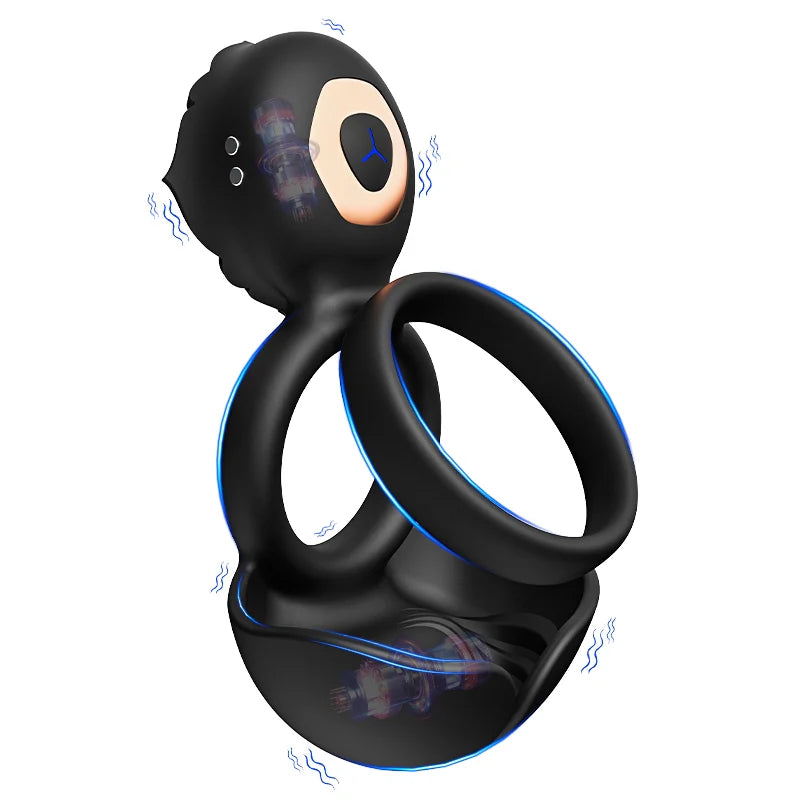 PR5: Cockring Vibrant 3-en-1 avec Double Anneau, Massage Scrotal et Stimulateur Clitoridien