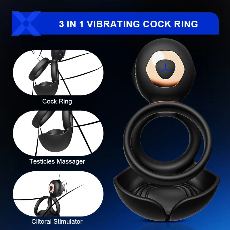 PR5: Cockring Vibrant 3-en-1 avec Double Anneau, Massage Scrotal et Stimulateur Clitoridien