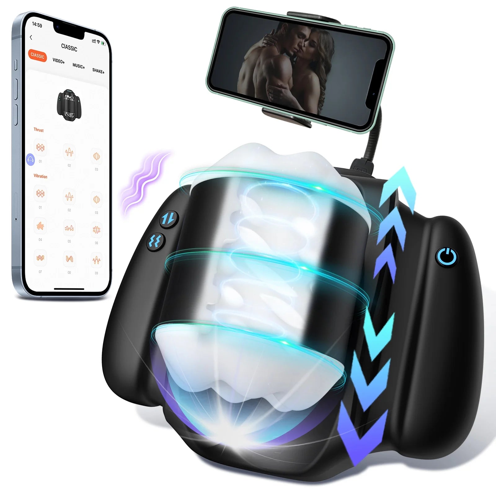 XT19: Masturbateur Va et Vient Mini avec App, 9 Vibrations, 3 Vitesses et Support Smartphone