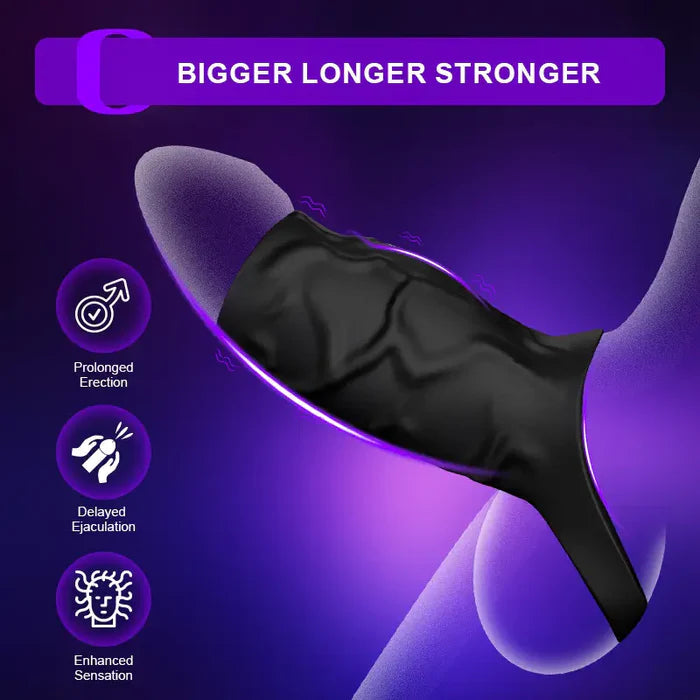 PR11: Cockring Vibrant Long avec Support Scrotal et Textures 3D