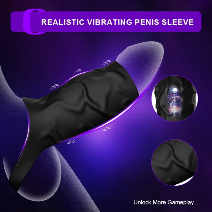 PR11: Cockring Vibrant Long avec Support Scrotal et Textures 3D