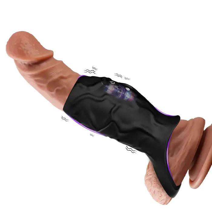 PR11: Cockring Vibrant Long avec Support Scrotal et Textures 3D