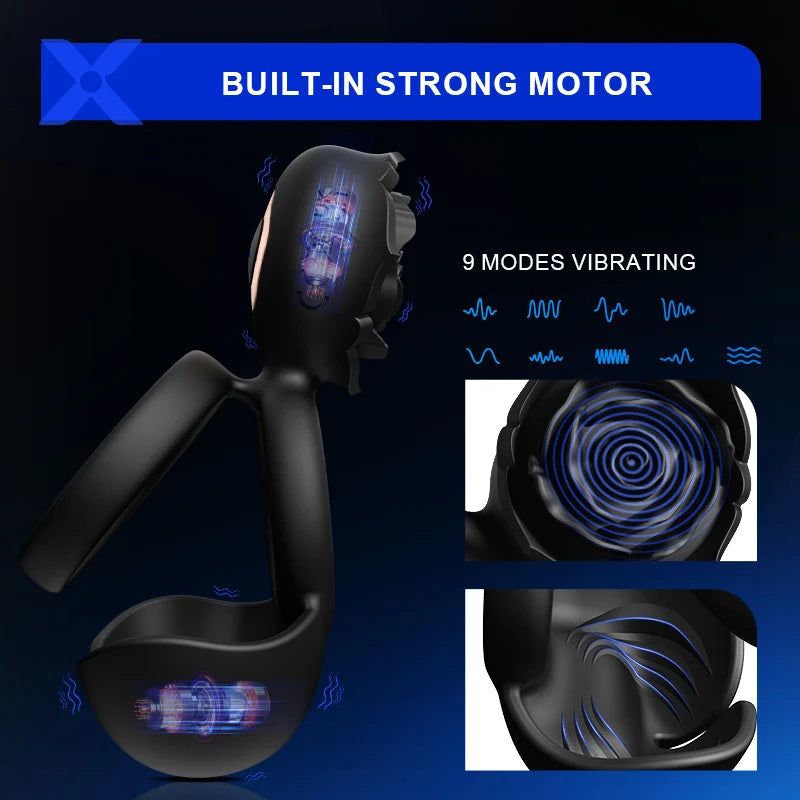 PR5: Cockring Vibrant 3-en-1 avec Double Anneau, Massage Scrotal et Stimulateur Clitoridien
