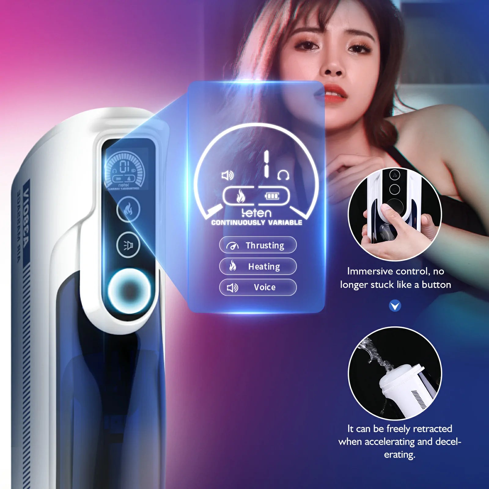 Leten A380 IV: Masturbateur Va et Vient avec Mouvement Oscillant, Chauffage et Fenêtre Transparente
