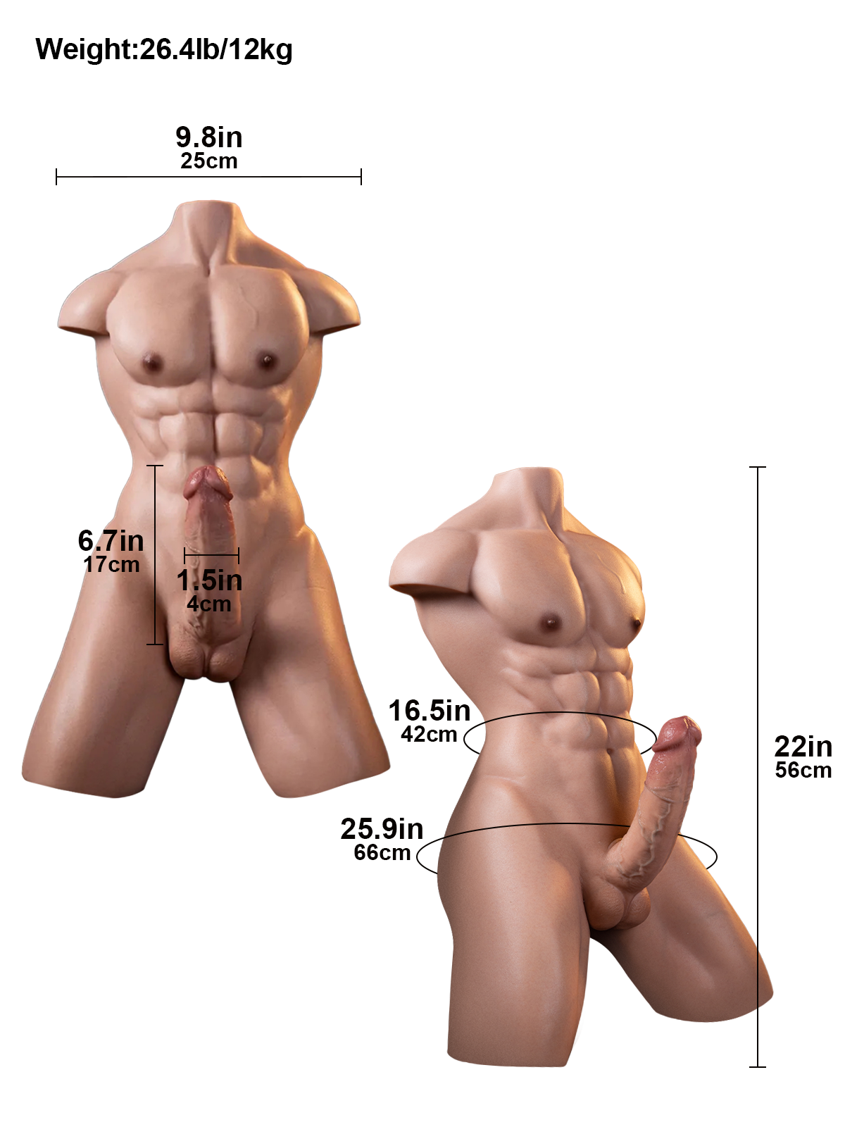 Lucas – Demi-torse masculin en silicone 12 kg avec dildo réaliste 17 cm